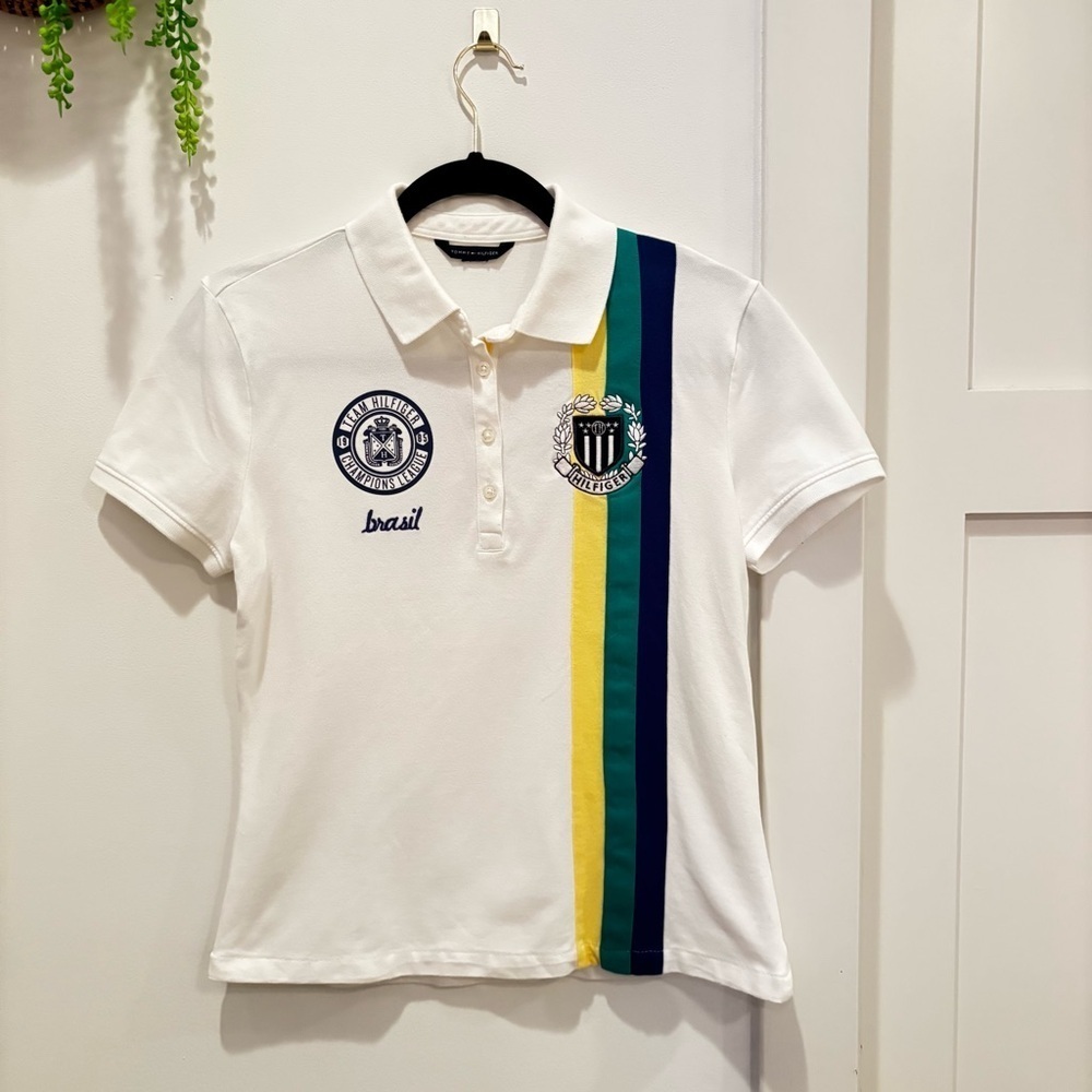 Tommy Hilfiger Champion League White Polo Brasil Women's Short Sleeve Size Small